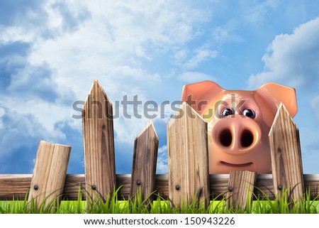 wooden fence with green grass and pig. High resolution 3d