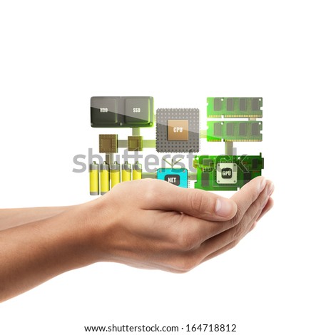 Man hand holding object ( processor, memory, video, network, batteries, inside )  isolated on white background. High resolution