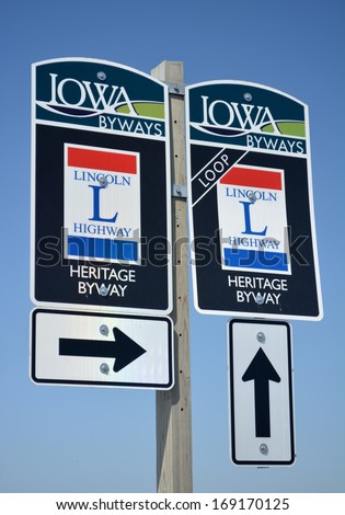 Lincoln Highway route signs that have been erected in the state of Iowa.