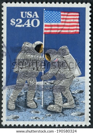 United States of American-Circa 1989: A stamp showing Nasa astornauts commemorating the Moon landing.