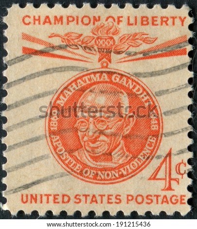 United States of America-Circa 1961: A stamp issued to honor Indian civil rights activist Mahatma Gandhi.