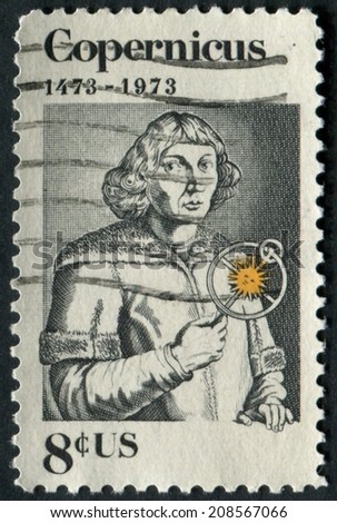 United States of America-Circa 1973: a stamp issued to commemorate the 400th birthday of famous astronomer Copernicus.