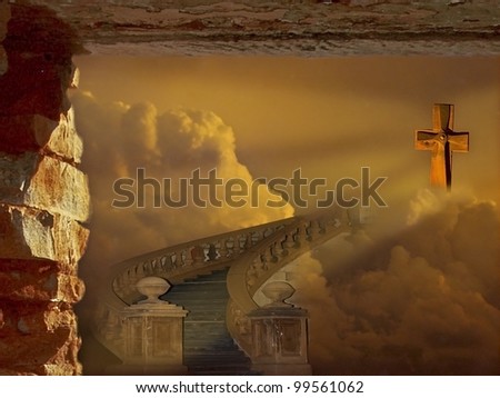 A cross symbolic of heaven with a stairway leading you to heaven. Clouds surrounding it with rays of light./ Stair way to heaven.