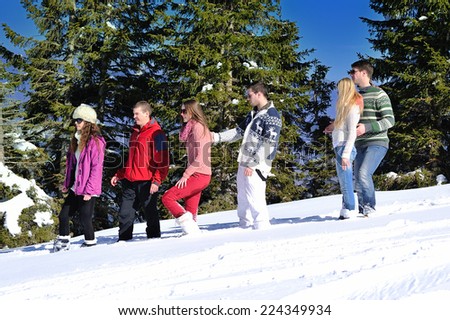 happy young people group have fun and enjoy fresh snow at beauti