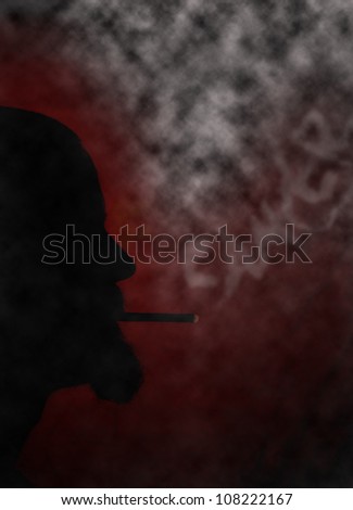 Males face silhouette is smoking a cigarette and the smoke is spelling the word cancer/Cancer smoke