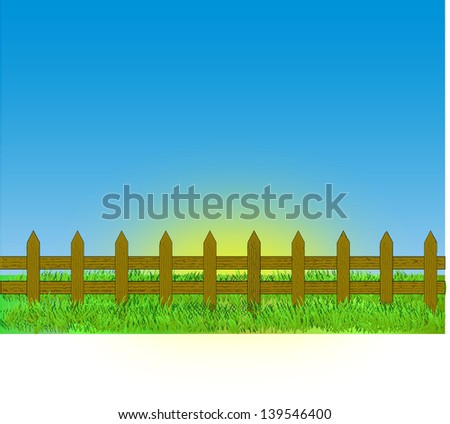 Beautiful rural landscape with wooden fence grass and sunrise/Rural landscape/Vector design
