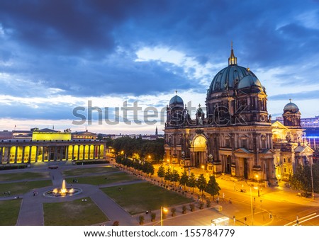 The mighty Berlin cathedral and Altes Museum (1823) illuminated at night in central Berlin, Germany. Stitched panoramic image, detailed when viewed large.