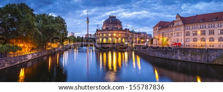Pretty night time illuminations of the Museum Island in Berlin, Germany.