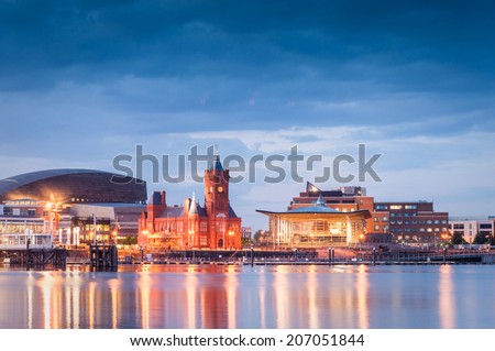 Pretty night time illuminations of the stunning Cardiff Bay, many sights visible including the Pierhead building (1897) and National Assembly for Wales.