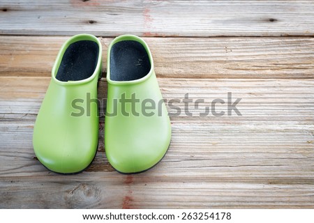 Pair of Green Waterproof Gardening Shoes on Wood Deck Surface with Copyspace