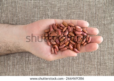 Man displaying a handful of whole dried red kidney beans rich in protein, dietary fiber and fat free over a beige textile background, view from above