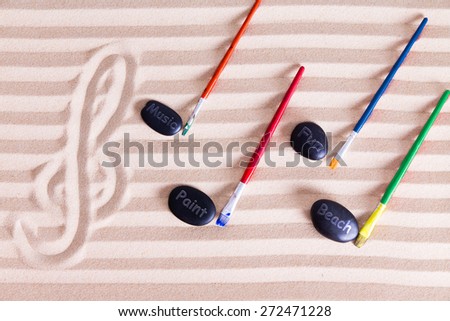 Music, Paint and Fun at the Beach for Resort Activities, G clef at the left music notes made out of colorful paint brushes and black rocks writing music, paint, fun, and beach
