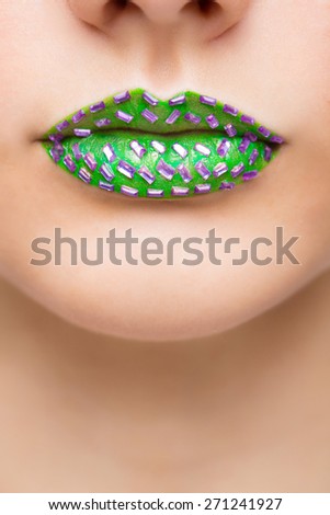 Fashion Green Sexy Lips and Closeup. Make up concept.