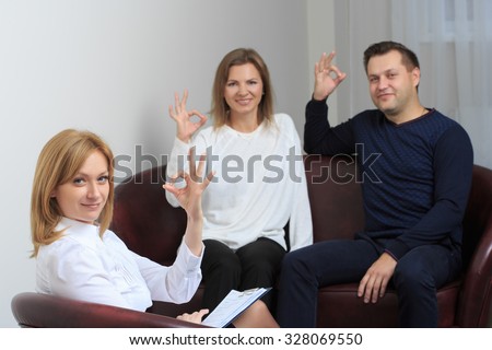 happy couple therapy session is held at the psychologist