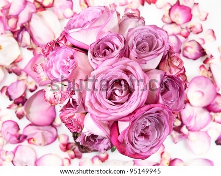 Pink rose bouquet on rose petals background