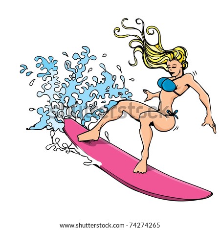 Cartoon woman surfing a wave. She has a bikini on