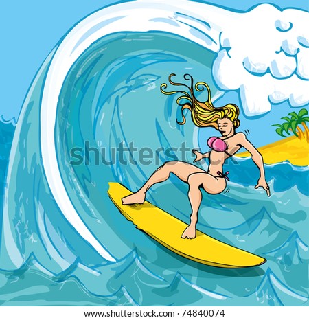 Cartoon girl in a bikini surfing on a wave in the sea