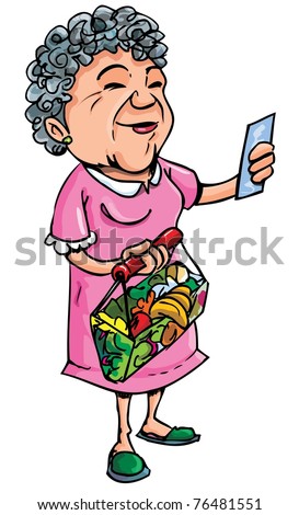 old lady cartoon clip art. stock vector : Cartoon of old lady shopping with her shopping list.