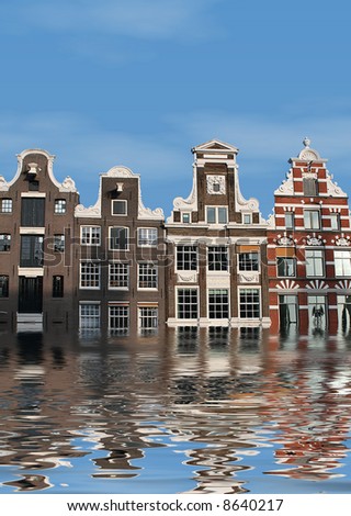 Global warming: Houses in Amsterdam, overflow of water (flood)