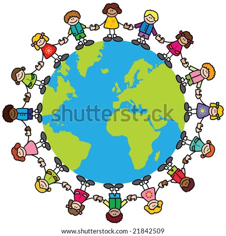  Happy children (variety of skintones) holding hands around the world