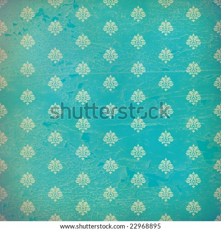 Weathered trendy blue green damask wallpaper with spots