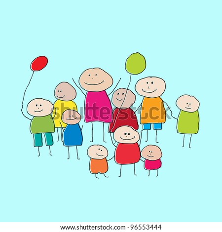 Drawing of a group of people or big family with little children and balloons