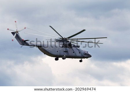Modern russian military transport helicopter in flight