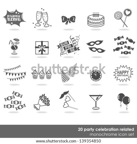 20 party celebration food drink dress decor elements monochrome isolated icon set on white background