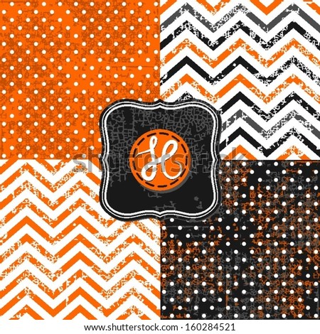 little polka dots and chevron black white orange holiday Halloween backgrounds set with vintage frames