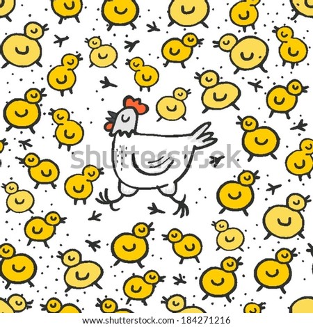 little yellow chickens with mum white hen spring holiday Easter illustration on white dotted background seamless pattern