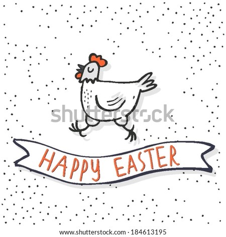 happy white hen spring holiday Easter time illustration with  banner with wishes on white dotted background