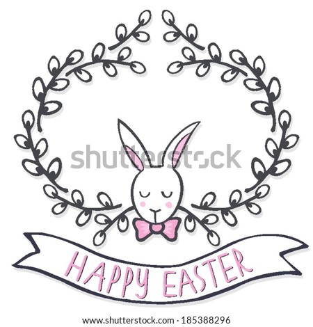 white elegant bunny in willow wreath spring holiday Easter centerpiece illustration with flag banner with wishes in English on white background