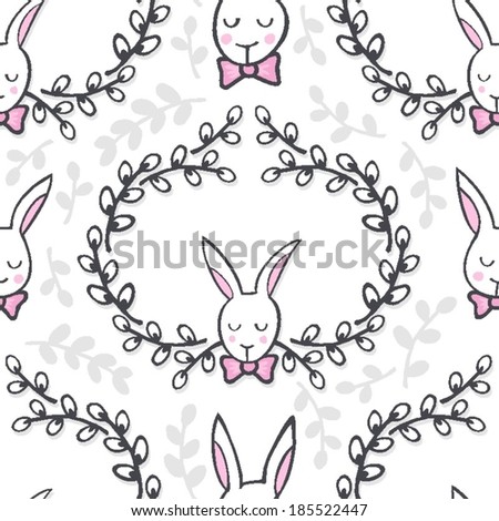 white elegant bunny in willow wreath animal spring holiday Easter seamless pattern on white background