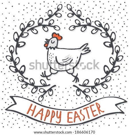 White hen in willow wreath spring holiday Easter centerpiece illustration with flag banner with wishes in English on white dotted background