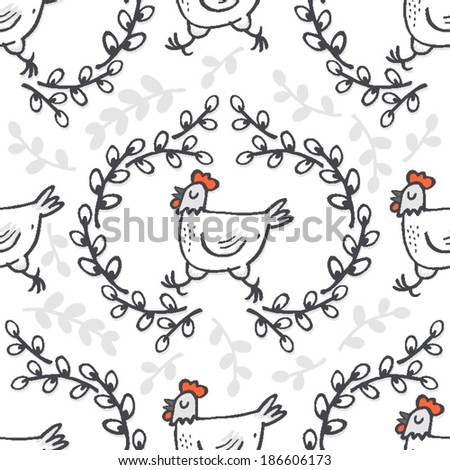 White hen in willow wreath spring holiday Easter illustration on white background seasonal animal seamless pattern
