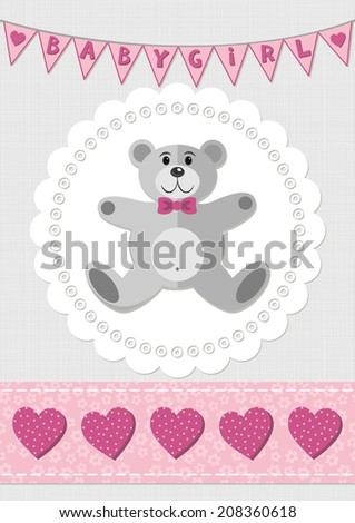 toy animal elegant teddy bear on white doily with flag banner and seamless ribbon pink baby girl room decorative illustration