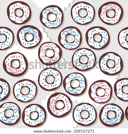 Sweet donuts with icing and pink and blue sugar sprinkles messy food dessert seamless pattern on light background