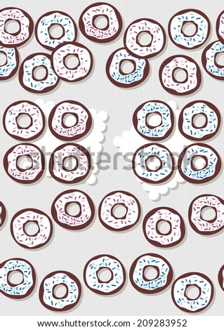 Sweet donuts with icing and pink and blue sugar sprinkles messy food dessert seamless border set on light background