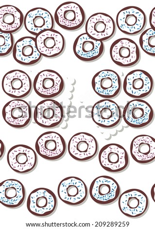 Sweet donuts with icing and pink and blue sugar sprinkles messy food dessert seamless border set isolated on white background