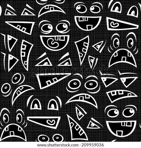 Funny scary faces messy monochrome autumn holiday halloween seamless pattern on dark background