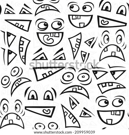 Funny scary faces messy monochrome autumn holiday halloween seamless pattern on white background