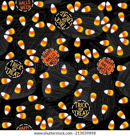 halloween candy white yellow orange sweets with Halloween badges autumn holiday colorful messy seamless pattern on dark background
