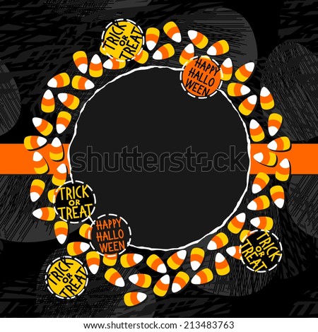 Halloween candy white yellow orange sweets decorative wreath with halloween badges autumn holiday colorful illustration on dark card centerpiece with blank place for your text on orange ribbon