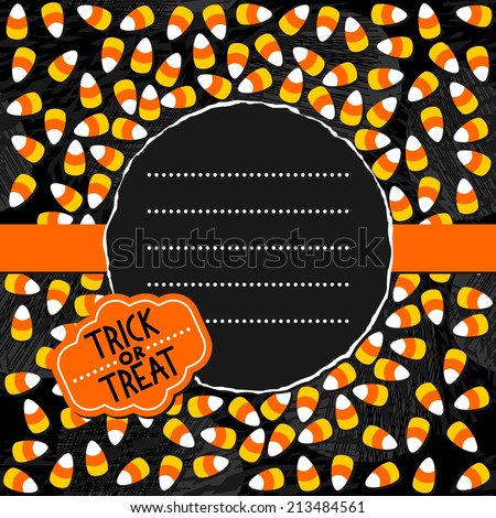 Halloween candy white yellow orange sweets with halloween retro shaped sticker autumn holiday colorful card on dark round torn centerpiece with blank place for your text on orange ribbon