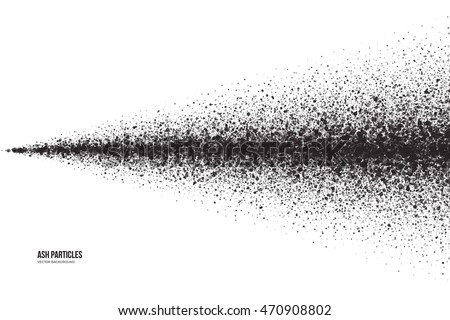 Abstract vector dark gray round ash particles on white background. Spray effect. Scatter exploding falling black drops. Hand made grunge texture