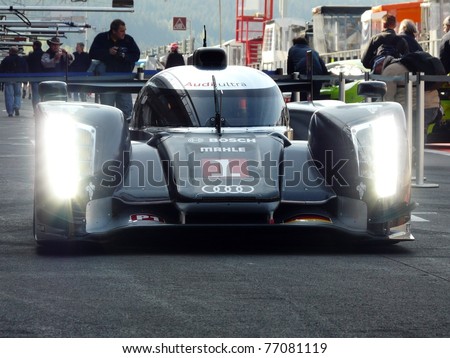 SPA-FRANCORCHAMPS, BELGIUM - MAY 5: The new Audi R18 TDI of Audi Sport Team Joest before its first outing in the early morning at circuit Spa-Francorchamps on May 5, 2011 in Francorchamps, Belgium.