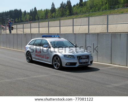 SPA-FRANCORCHAMPS, BELGIUM - MAY 5: Medical car leaving the pit lane of circuit Spa-Francorchamps on May 5, 2011 in Francorchamps, Belgium.