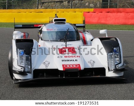 SPA-FRANCORCHAMPS, BELGIUM - MAY 1: No.1 Audi R18 e-tron quattro race car in the La Source hairpin during round 2 of the FIA World Endurance Championship on May 1, 2014 in Spa-Francorchamps, Belgium.