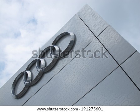SPA-FRANCORCHAMPS, BELGIUM - APRIL 30: The Audi logo on the outside wall of the Audi hospitality during round 2 of the FIA World Endurance Championship on April 30, 2014 in Spa-Francorchamps, Belgium.
