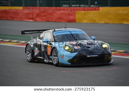SPA-FRANCORCHAMPS, BELGIUM - MAY 2: No. 77 Dempsey-Proton Racing Porsche 911 RSR in the pits during round 2 of the FIA World Endurance Championship on May 2, 2015 in Spa-Francorchamps, Belgium.